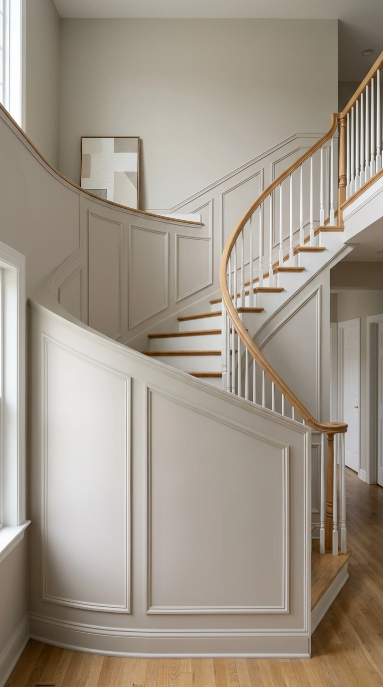 Curved staircase wall with stepped picture frame molding painted greige