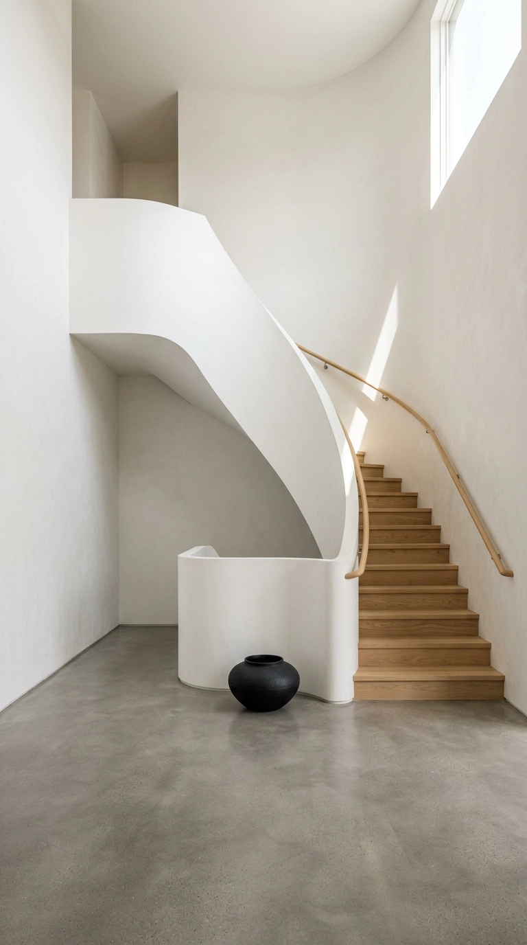 Bare white curved staircase with a single black ceramic vessel on concrete floor