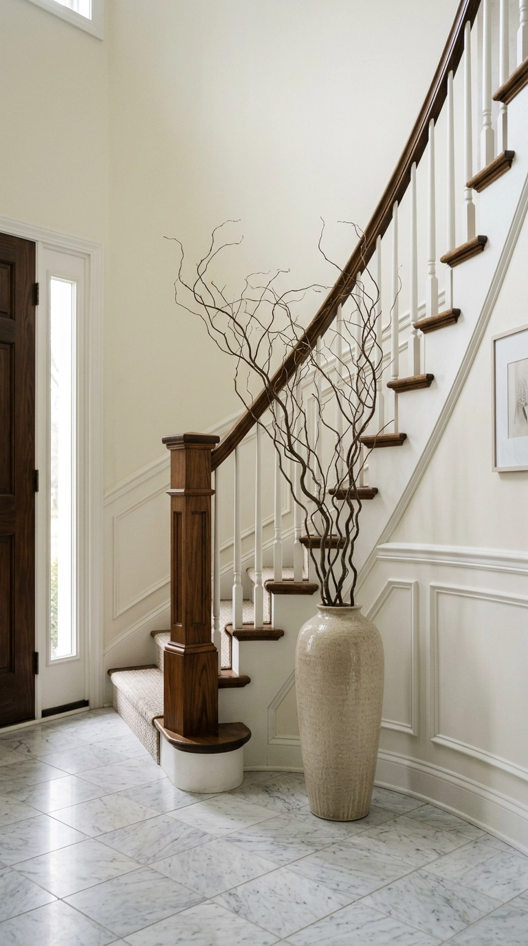 Tall ceramic vase with bare willow branches beside a curved staircase newel post