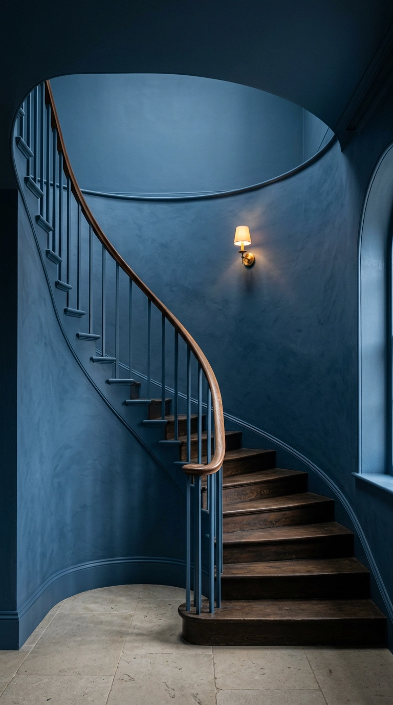 Curved staircase in a stairwell painted deep blue on walls trim and ceiling