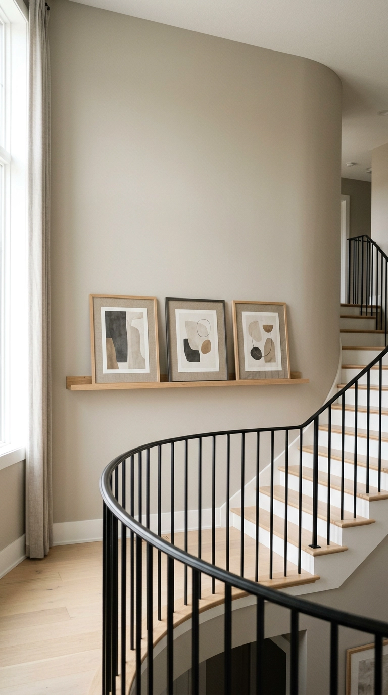 Slim oak picture ledge with three leaning framed prints on a stair landing