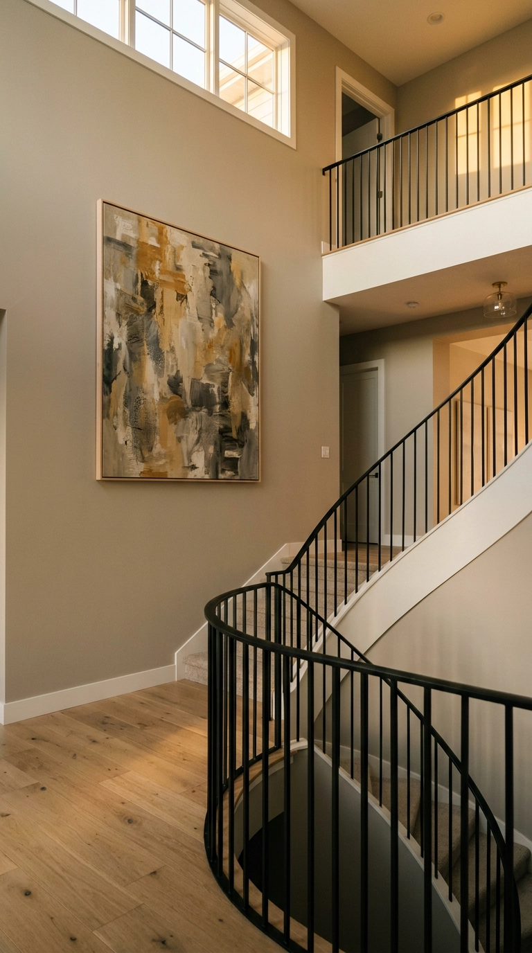 Oversized muted abstract canvas on the tall wall beside a curved staircase