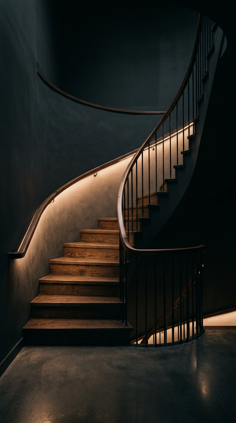 Curved staircase handrail with concealed warm LED strip lighting at night