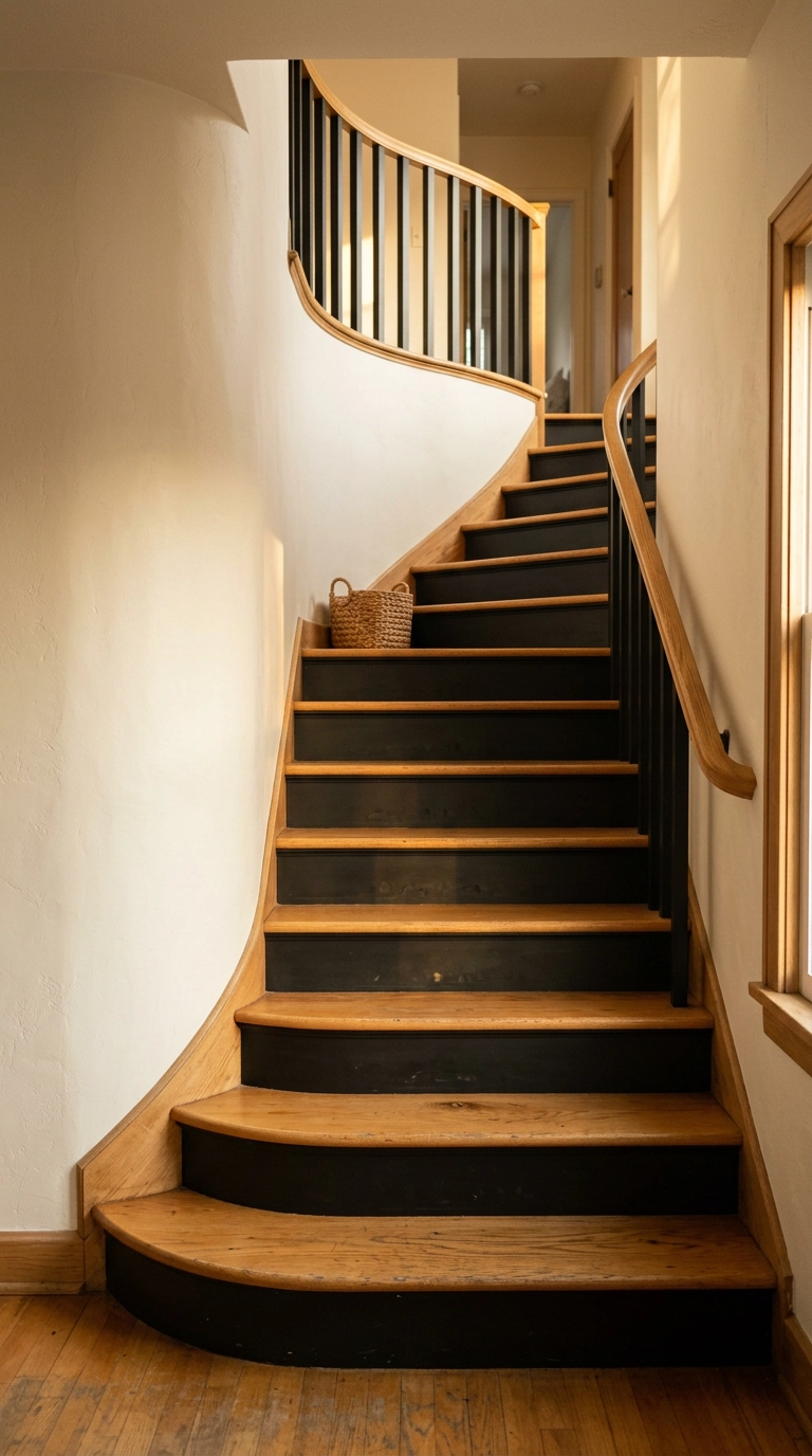 Curved staircase with matte black risers and natural honey oak treads