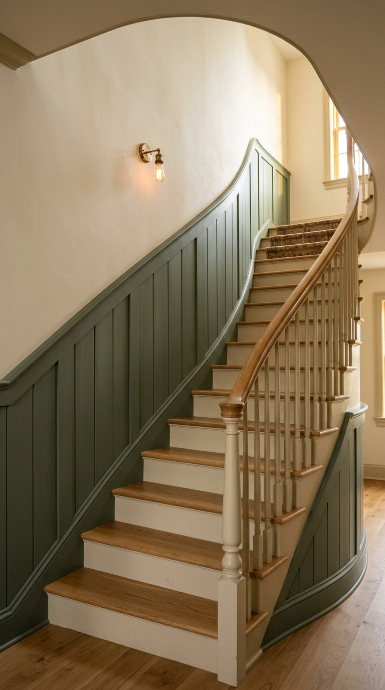 Curved staircase with deep sage board and batten wainscot stepping up the wall