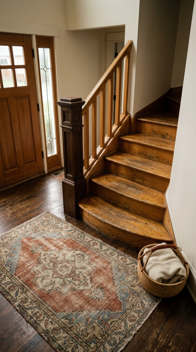 Faded vintage Persian rug at the foot of a curved staircase