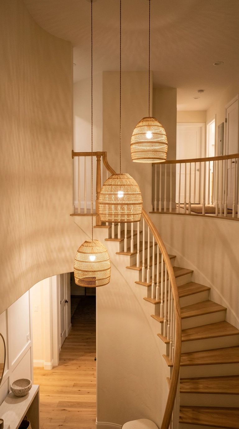 Three staggered woven rattan dome pendants in a curved stairwell void