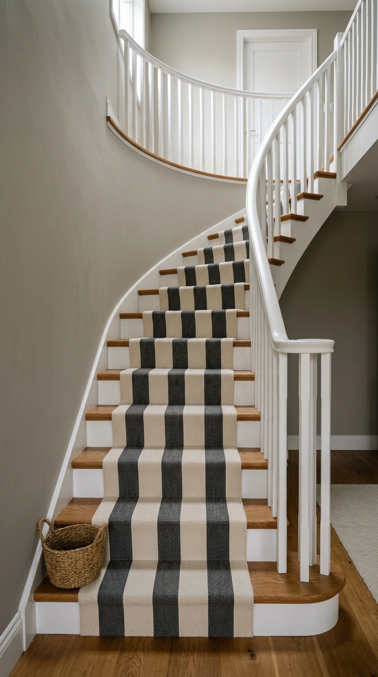 Bold cream and black striped flatweave runner on curved stair treads