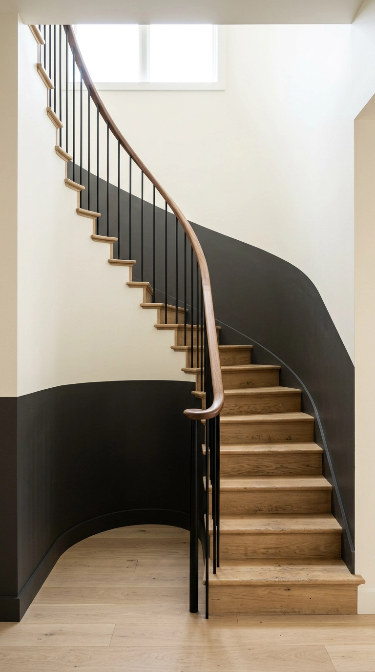 Curved staircase wall with charcoal lower half and bone-white upper half