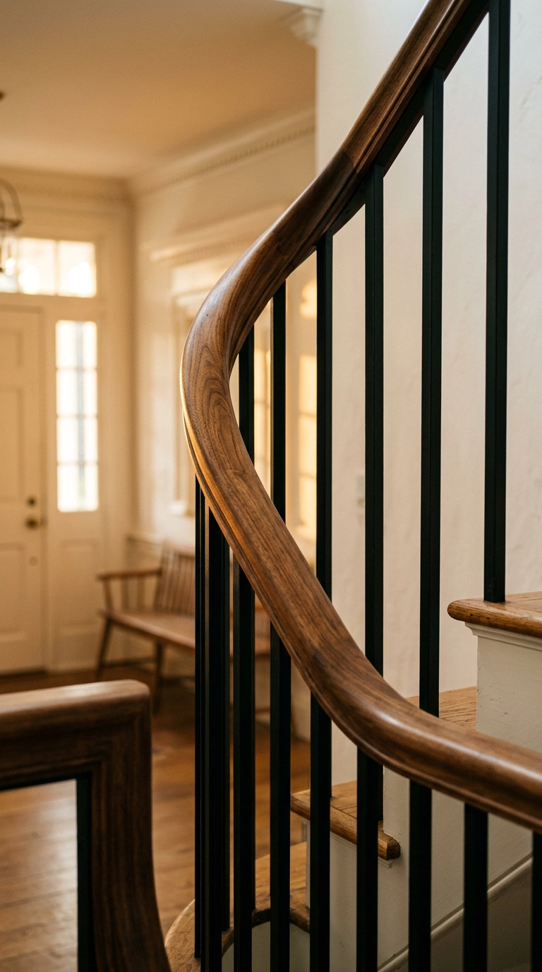 Curved walnut handrail with matte black balusters on a staircase