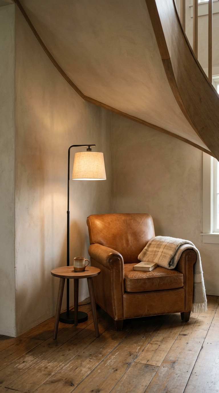 Leather chair reading nook tucked under the sloped underside of a curved staircase