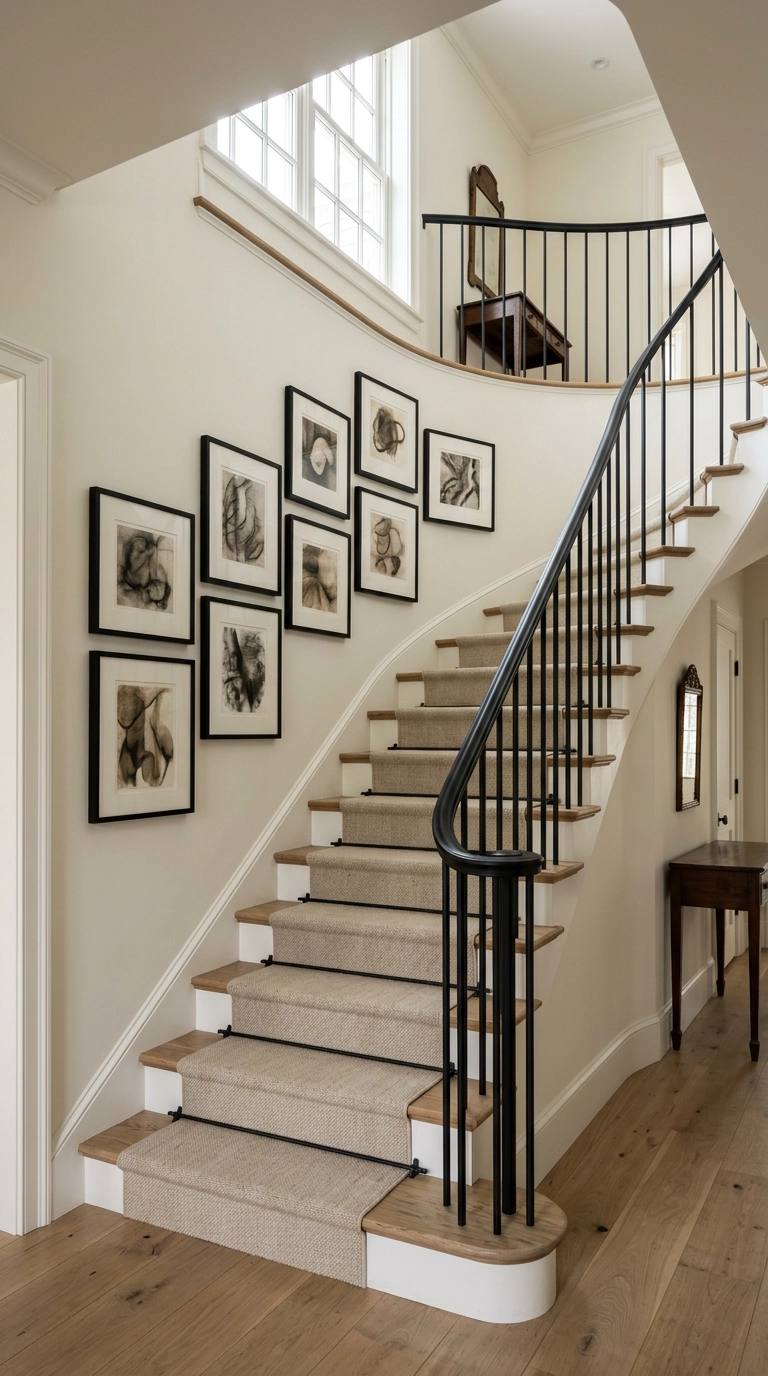 Curved staircase with a black-framed gallery wall stepped along the curve