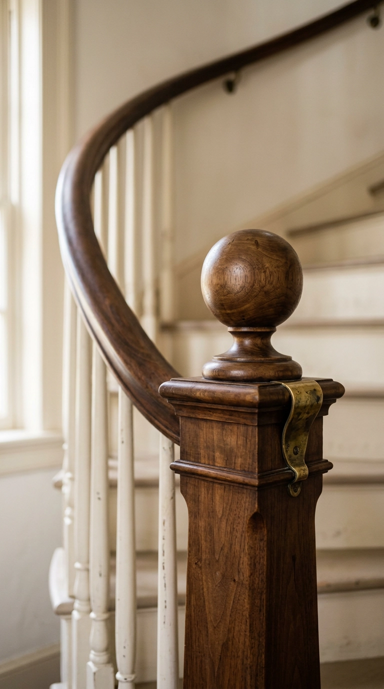 Rounded walnut ball finial on a curved staircase newel post