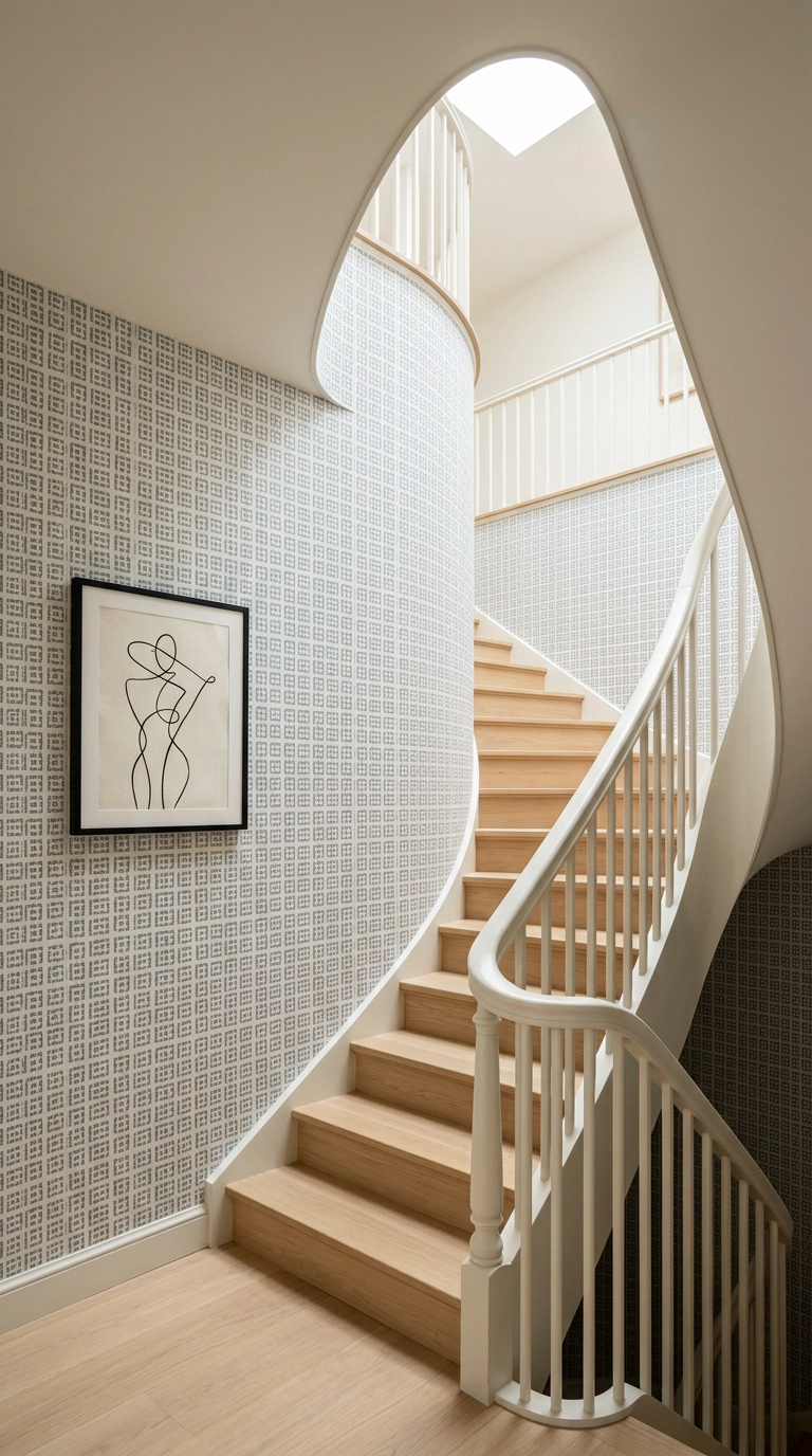 Curved stairwell wall in small-scale blue-grey patterned peel-and-stick wallpaper