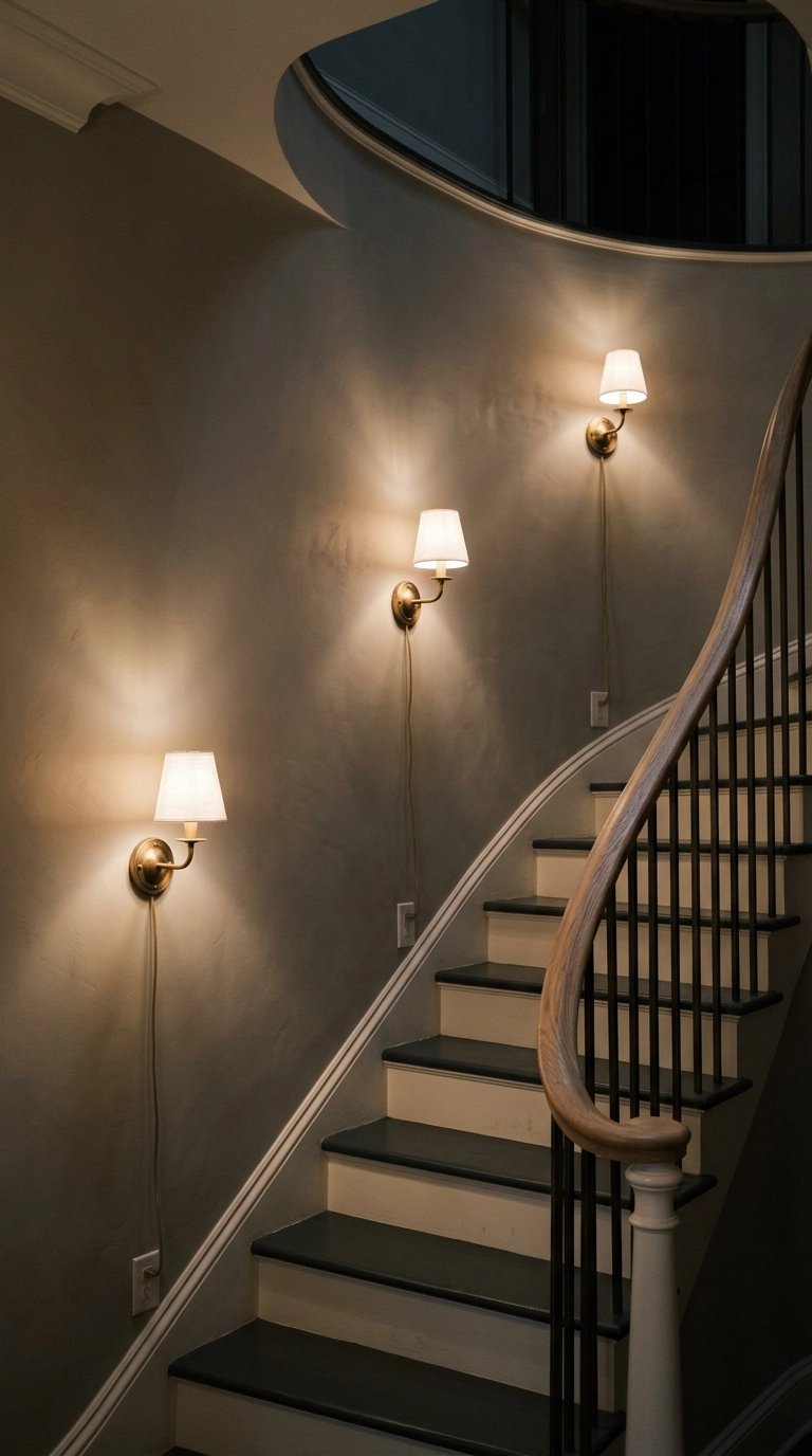 Three brass wall sconces stepped up the wall of a curved staircase