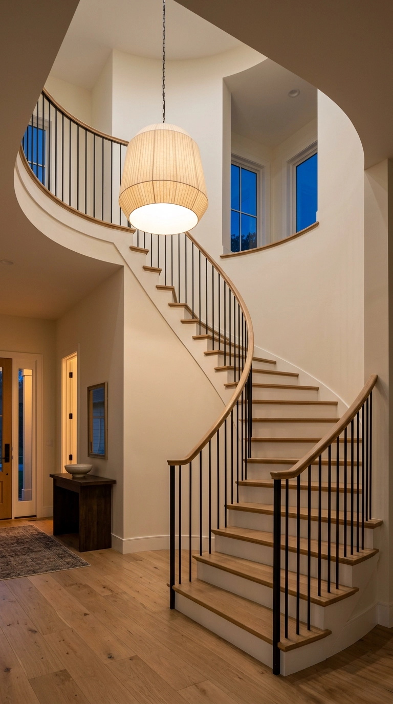 Sculptural linen drum pendant hanging in the open void of a curved staircase
