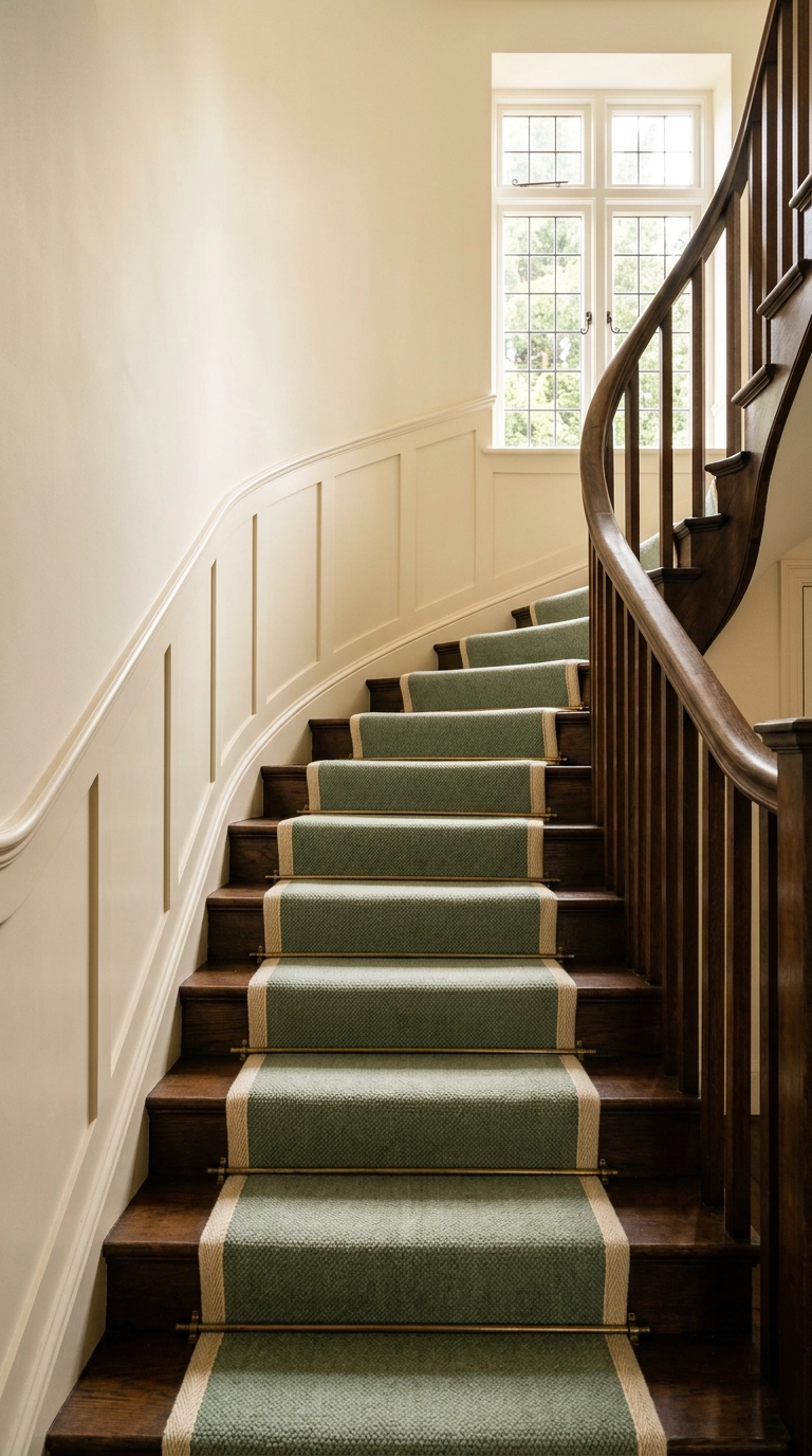 Sage green wool runner with brass rods bending around curved stair treads