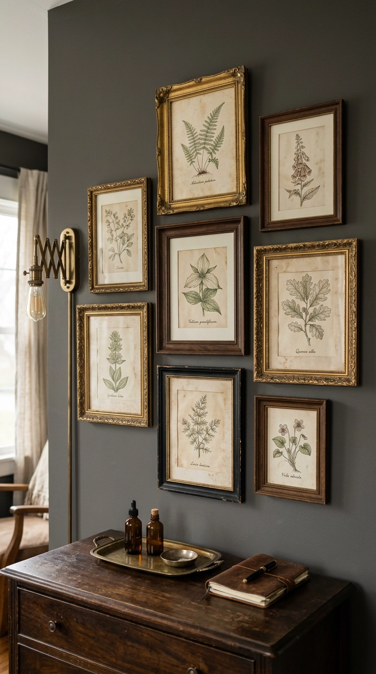 Salon-style cluster of vintage botanical prints in mismatched frames on a graphite grey bedroom wall