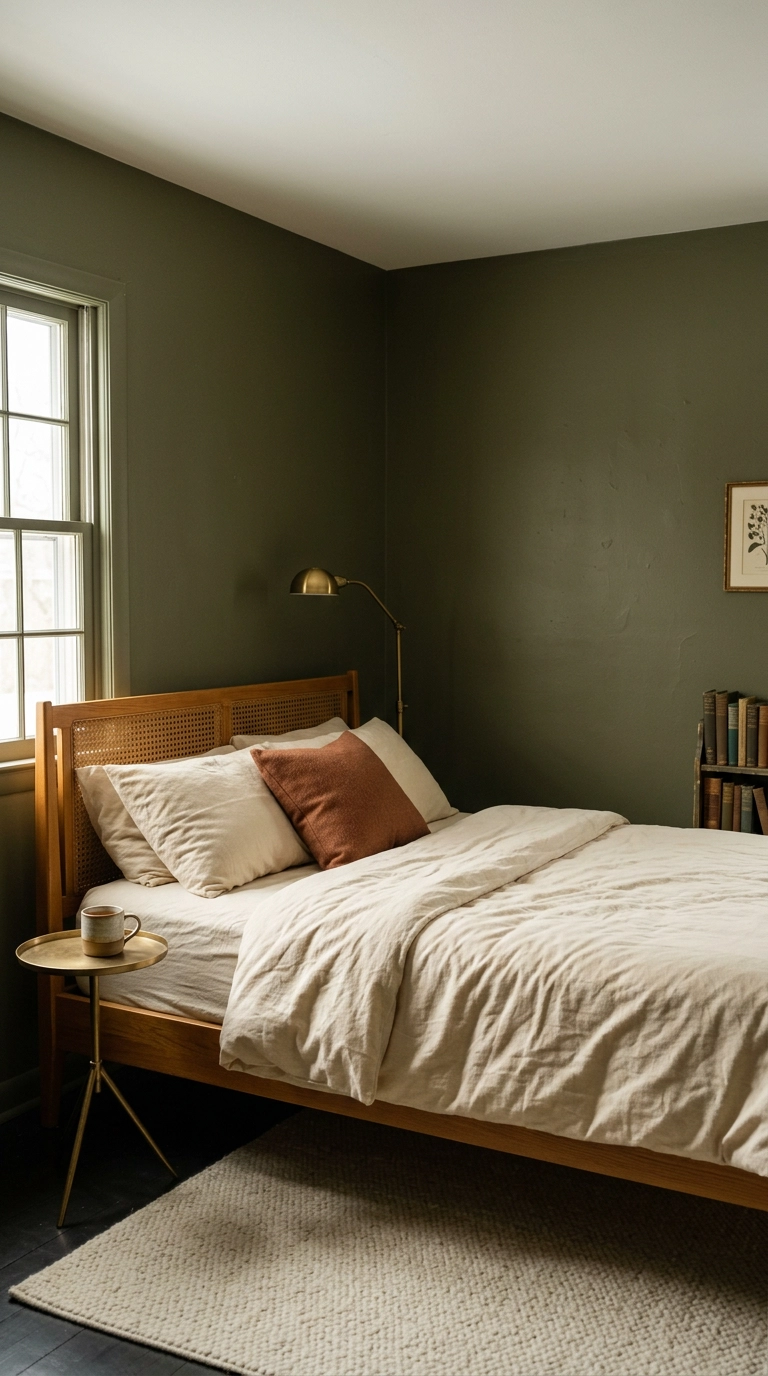 Deep olive green north-facing dark academia bedroom with honey oak bed and cream wool rug
