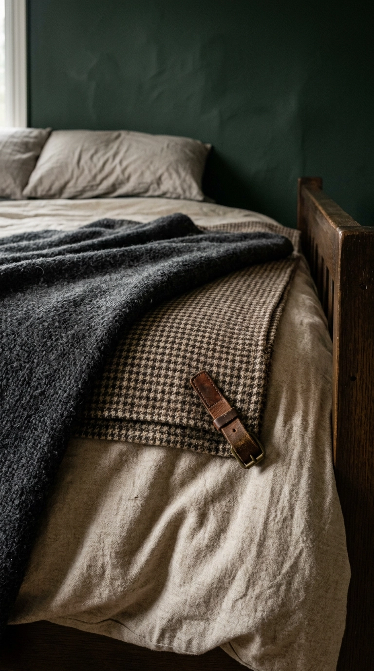 Layered wool, houndstooth tweed and flannel bedding textures in a dark academia bedroom