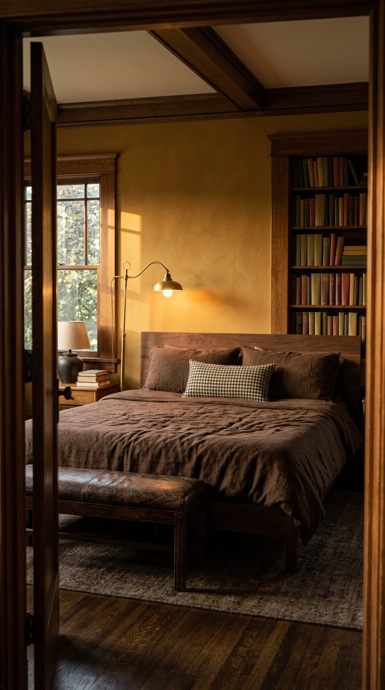 Deep mustard ochre walls and walnut bed in a golden-lit dark academia bedroom seen from the doorway