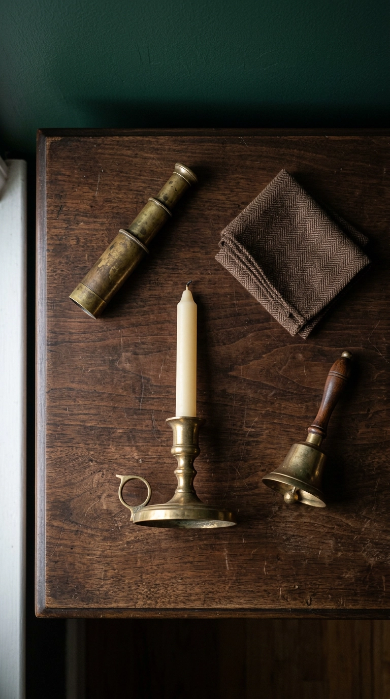 Three aged brass objects arranged on a walnut dresser top in a dark academia bedroom