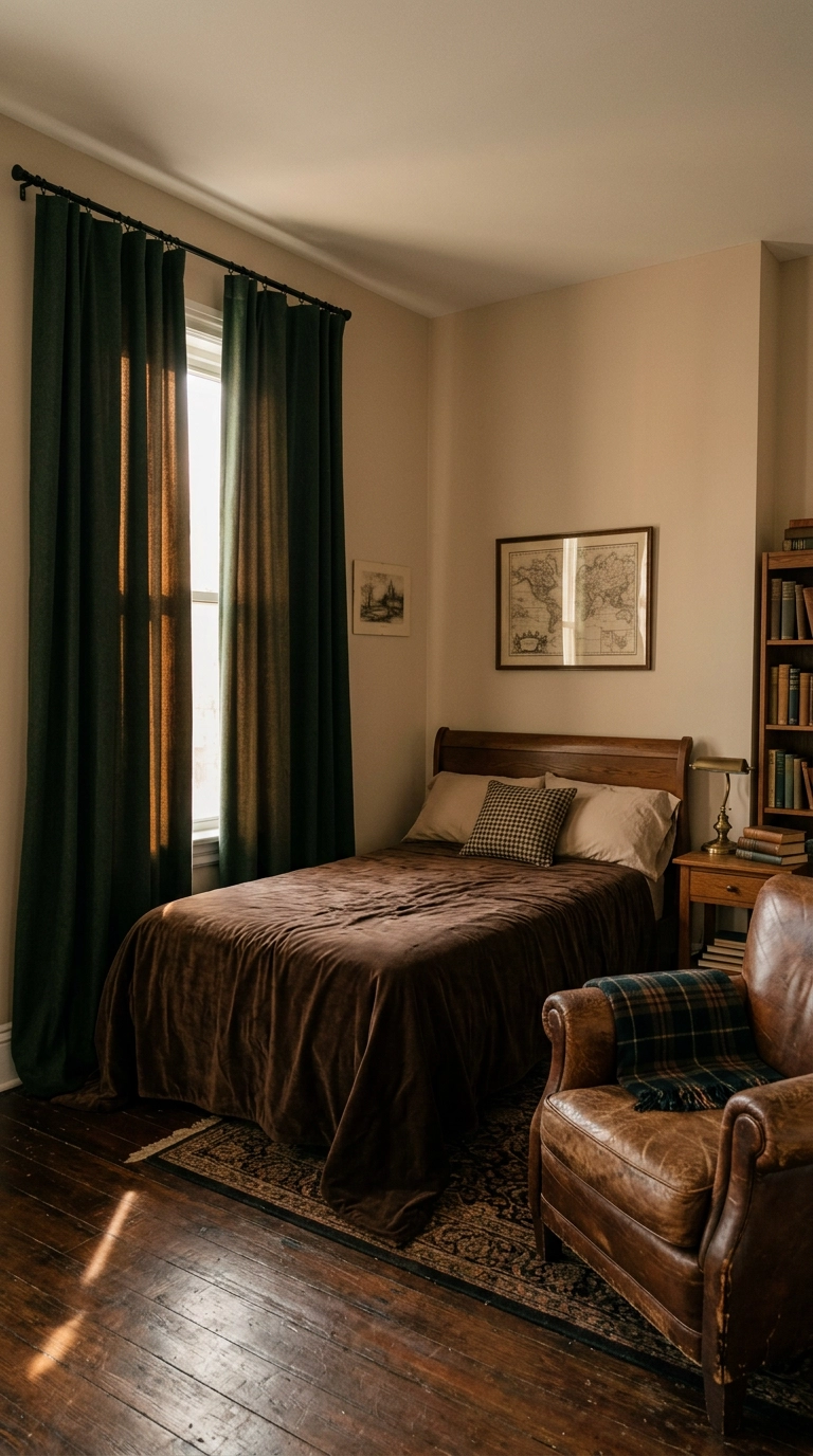Heavy forest green wool curtains and a leather chair create dark academia mood in a rental bedroom