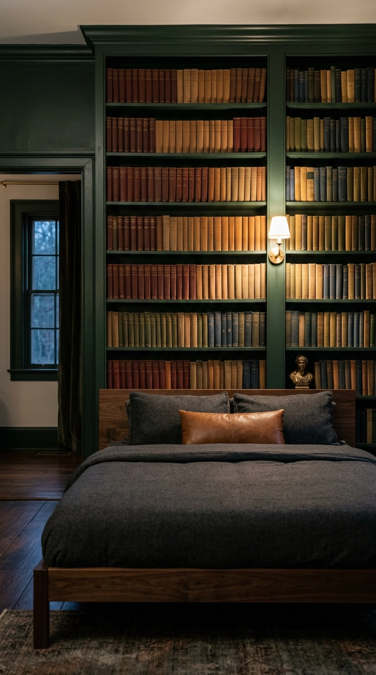 Green built-in bookcase wall filled with muted-spine books behind a walnut bed in a dark academia bedroom