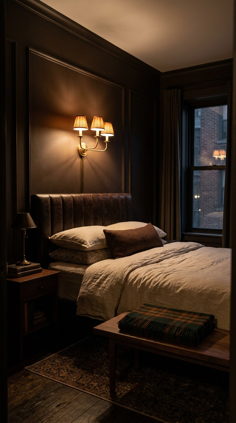 Warm amber sconce lighting a dark espresso brown academia bedroom with tufted leather headboard