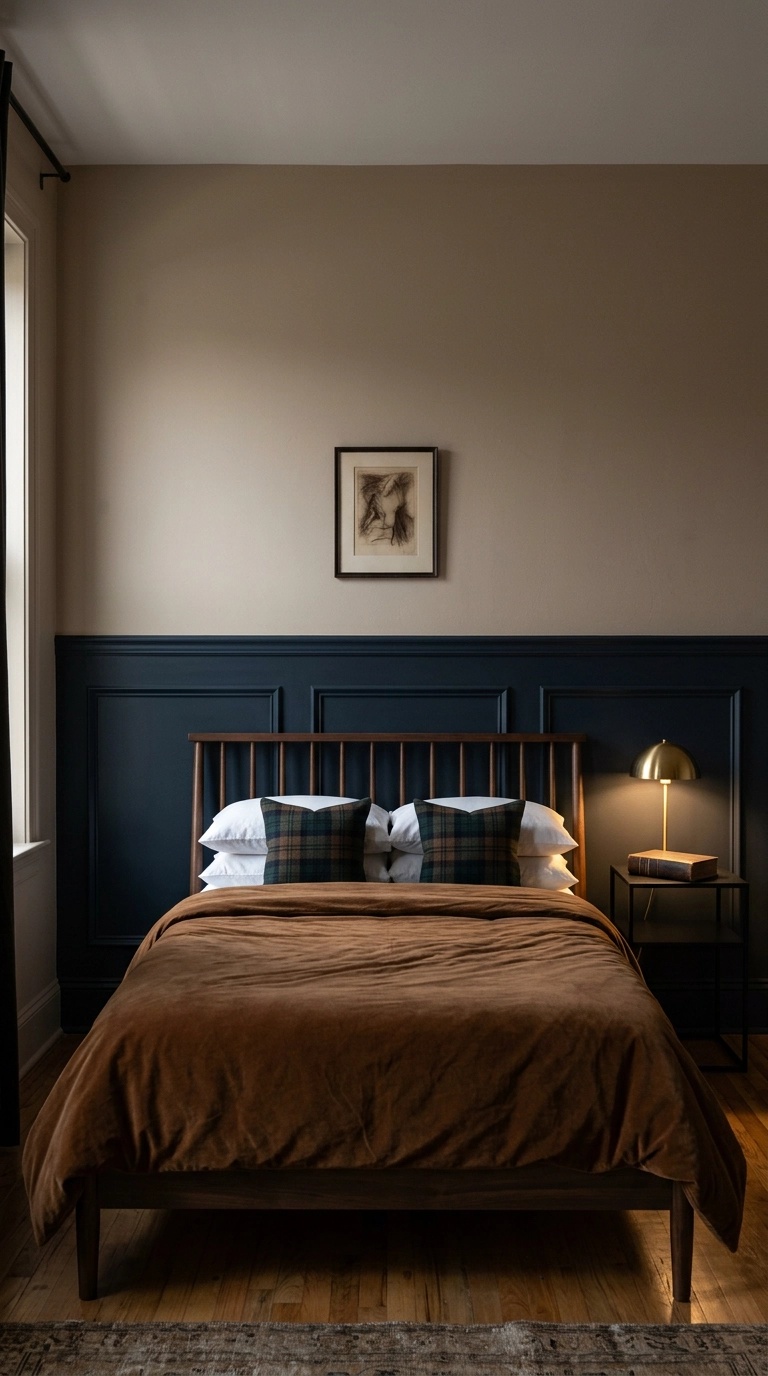 Ink navy picture-frame wall molding below beige walls in a dark academia bedroom with velvet duvet