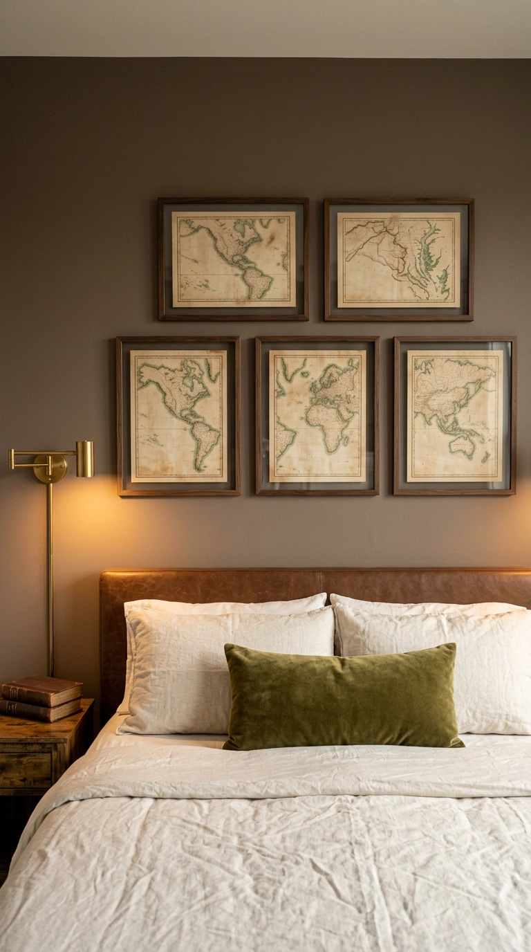 Grid of five framed antique maps above a brown leather headboard in a dark academia bedroom