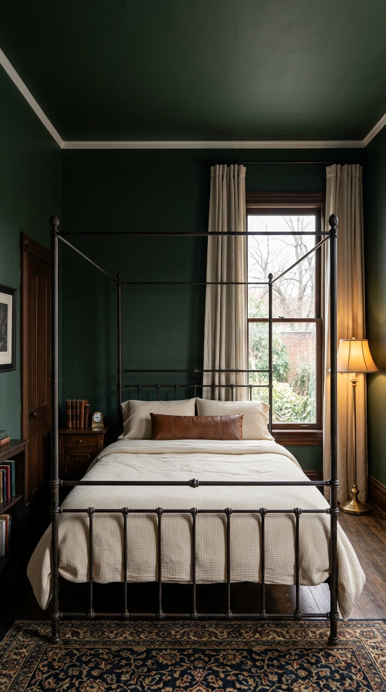 Forest green walls and ceiling with a black iron four-poster bed in a tall dark academia bedroom