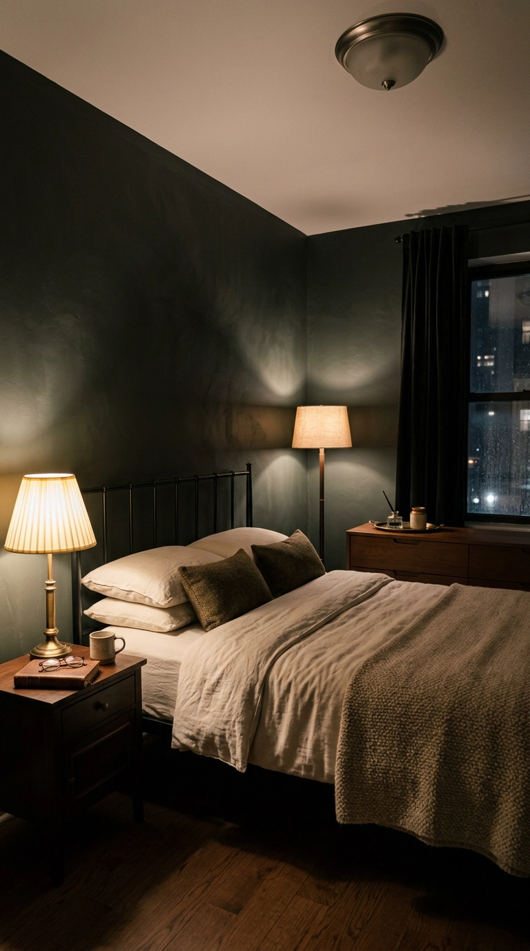 Dark academia bedroom lit only by two warm lamps against deep charcoal-green walls