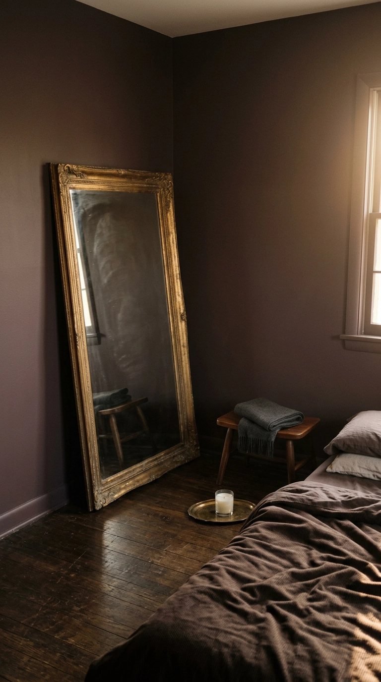 Tall arched gilt mirror leaning against a plum-brown wall in a dark academia bedroom corner