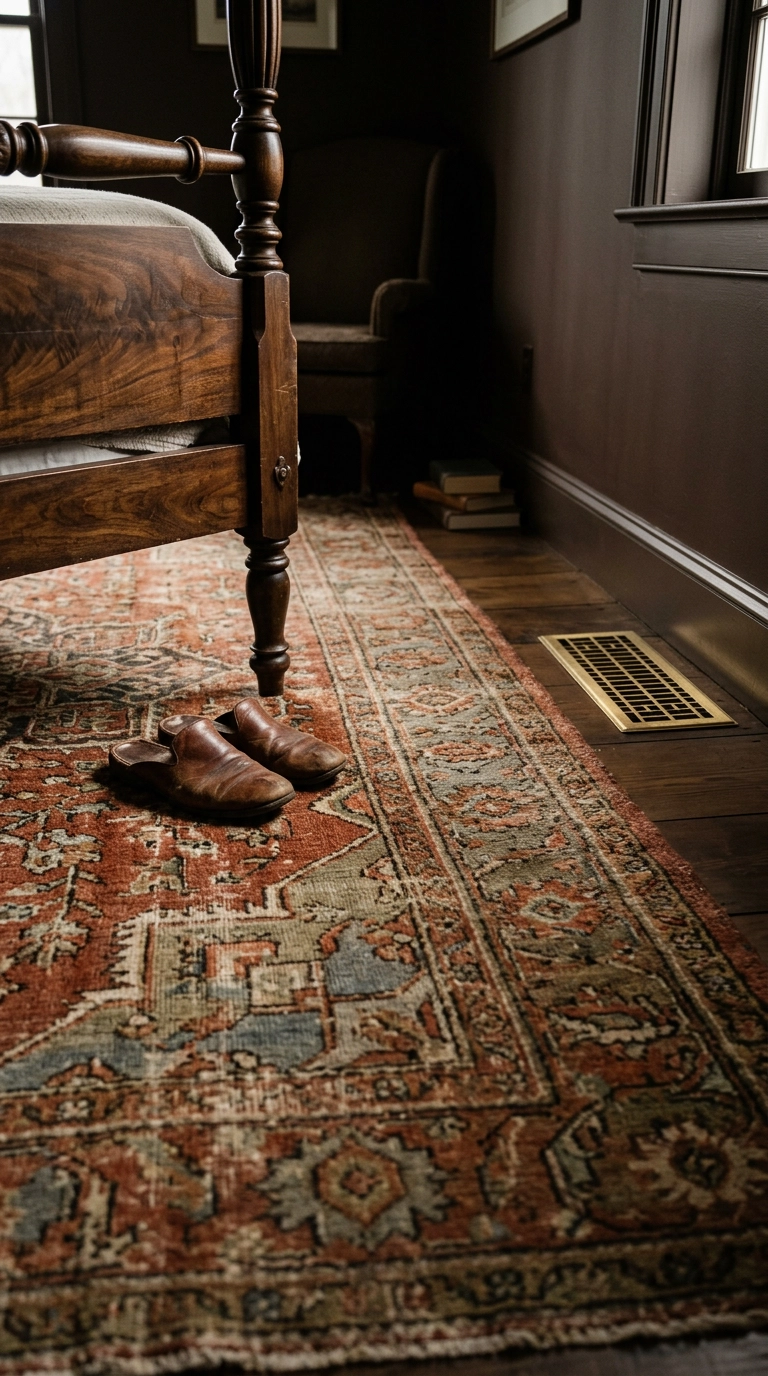 Faded rust and olive Persian rug on the floor of a dark academia bedroom with carved walnut bed