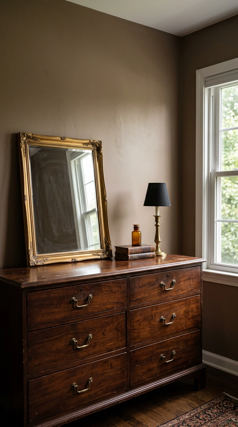 Antique mahogany dresser with brass hardware and leaning gilt mirror in a dark academia bedroom