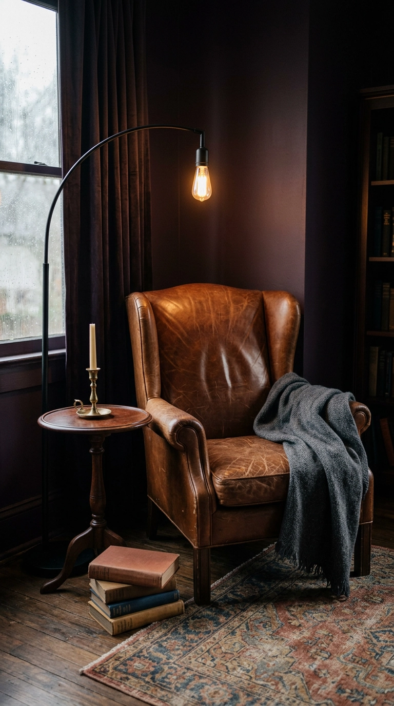Worn cognac leather wingback chair and brass floor lamp in a dark academia bedroom reading corner