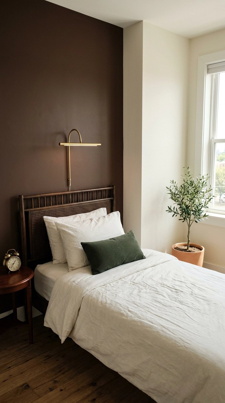 Single chocolate brown accent wall behind a rattan headboard in a small dark academia bedroom