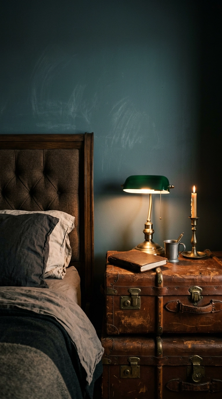 Stacked vintage leather steamer trunks used as a nightstand in a dark academia bedroom