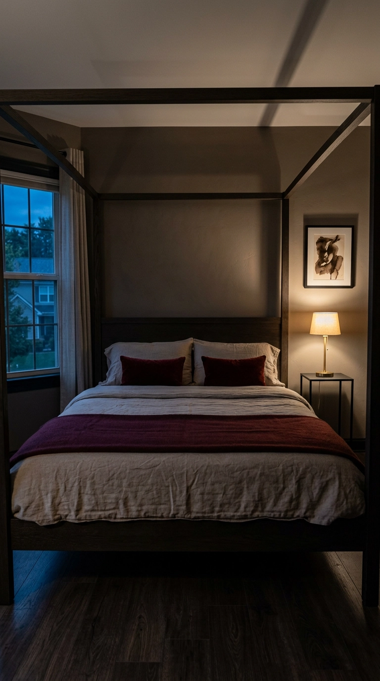Dark stained oak four-poster bed with no canopy fabric in a charcoal-taupe academia bedroom
