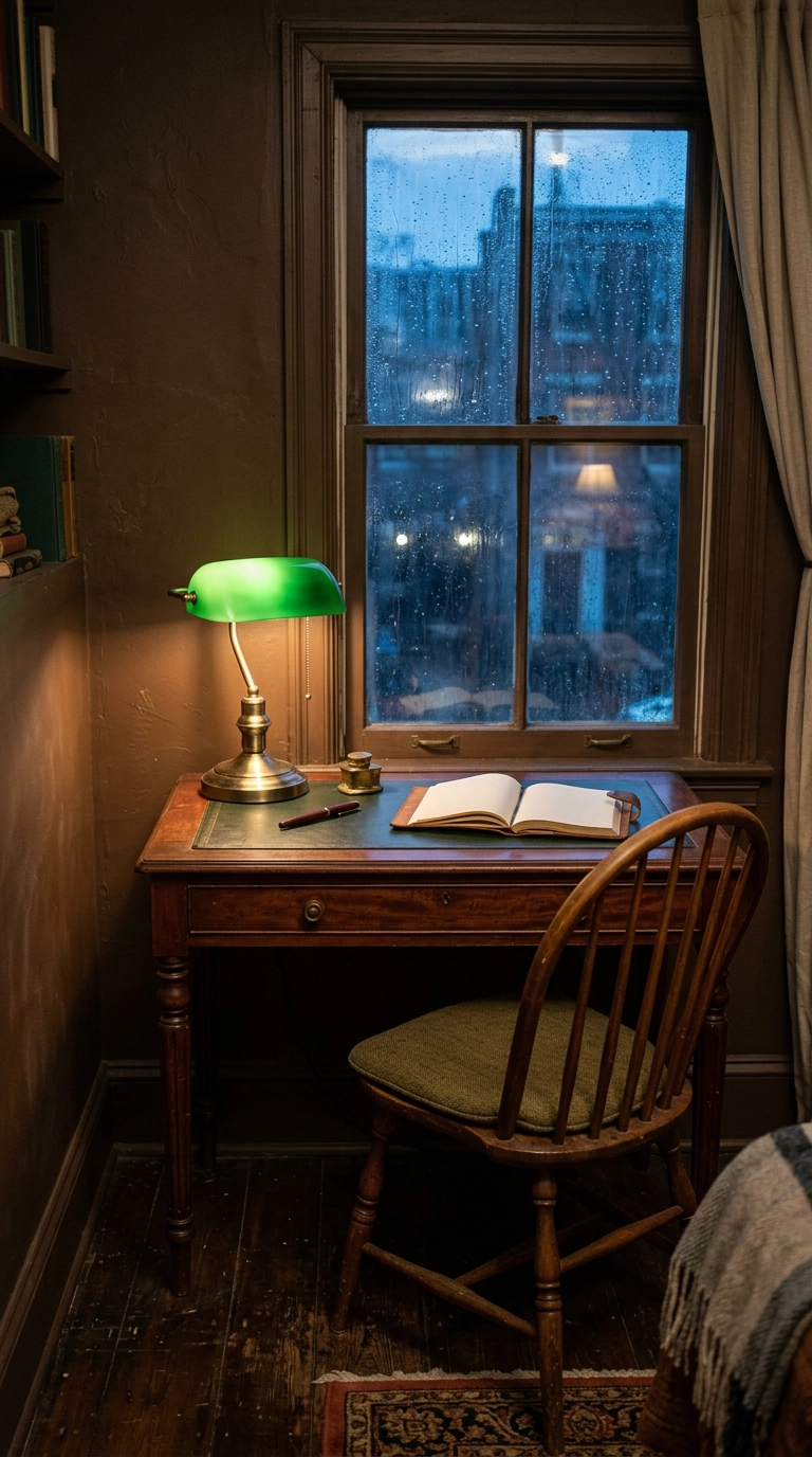 Antique mahogany writing desk with green glass banker's lamp under a bedroom window