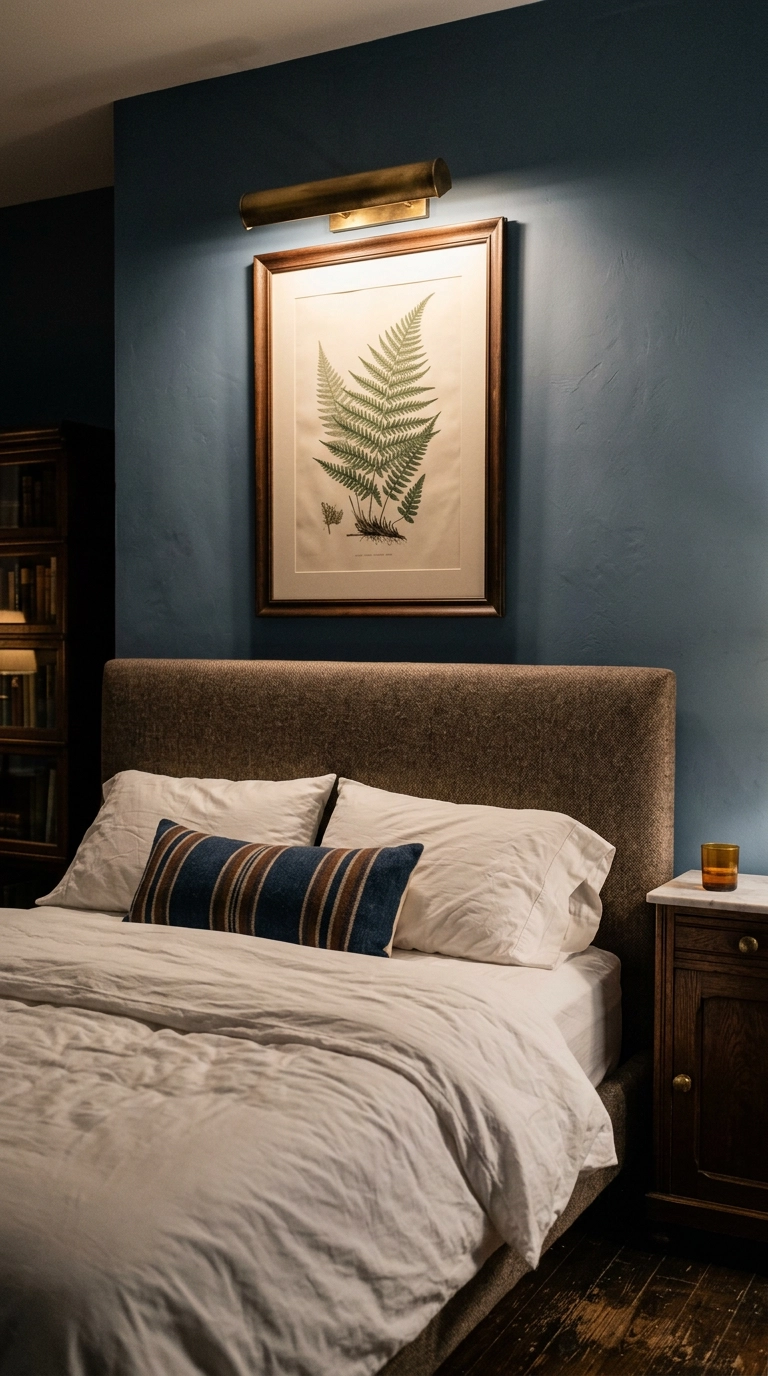 Brass picture light over a framed botanical print above a tweed headboard in a dark academia bedroom