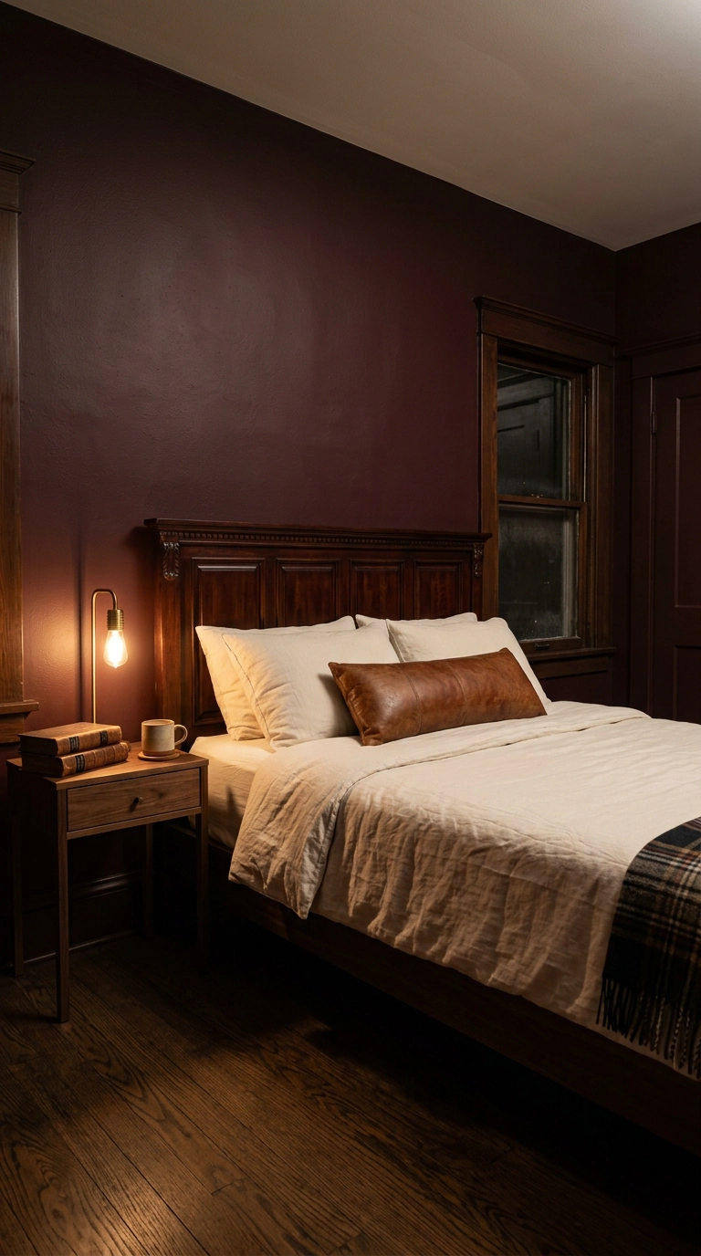Dark academia bedroom with oxblood color-drenched walls, mahogany headboard and a brass bedside lamp
