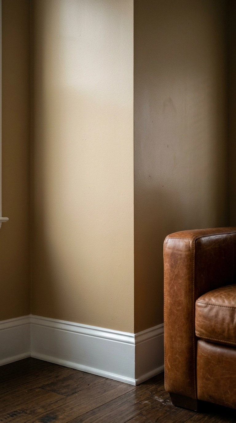 Warm honey beige wall in eggshell sheen catching low sidelight beside a cognac leather chair
