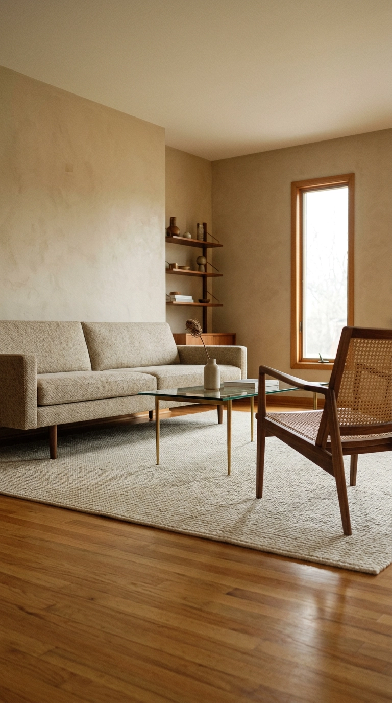 Mid-century living room with leggy walnut furniture letting light travel across the floor