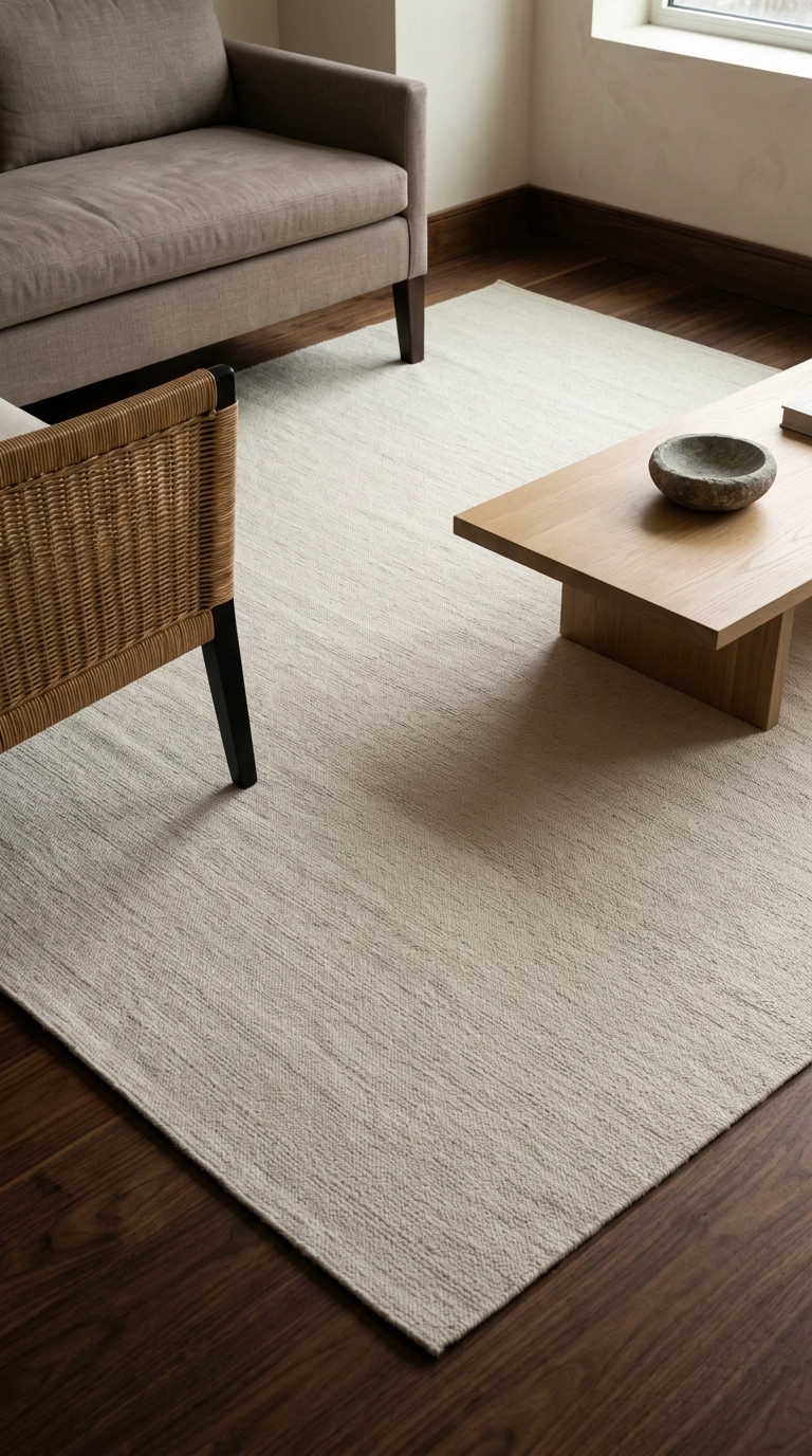 Large ivory wool rug lightening the floor of a dim living room with dark walnut boards