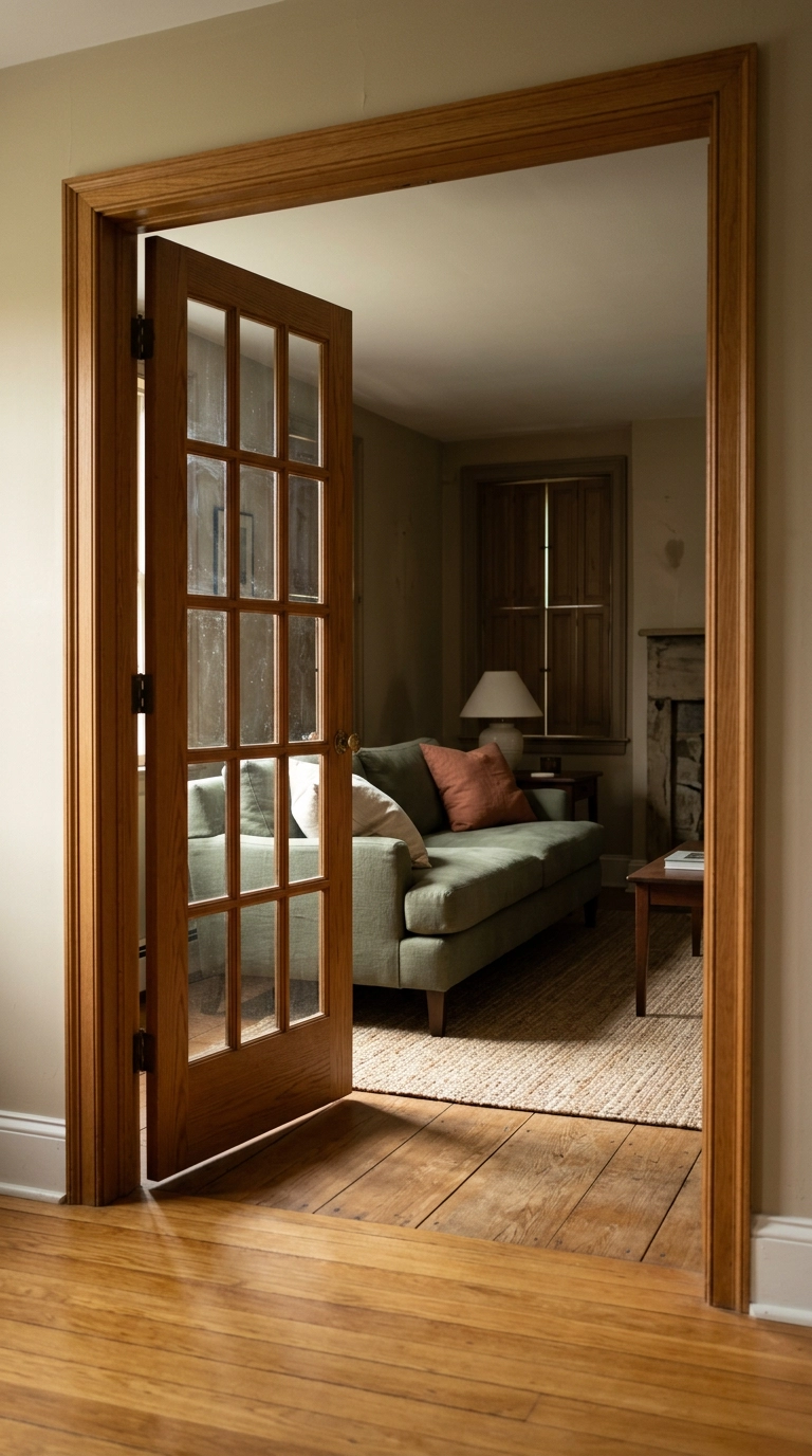 Glass-paned interior door letting borrowed daylight spill from a bright hallway into a dim living room