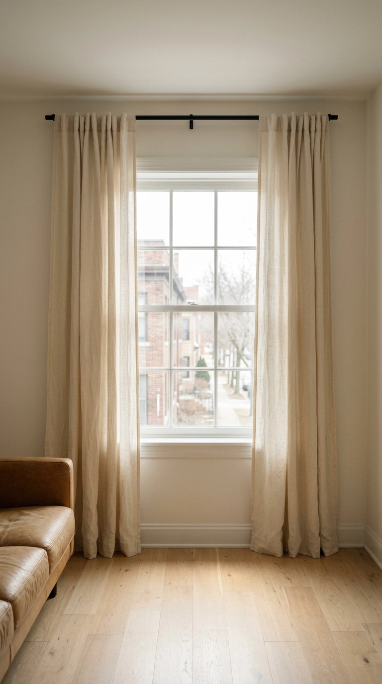 Ivory linen curtains stacked fully off the glass on a wide black rod in a dim living room