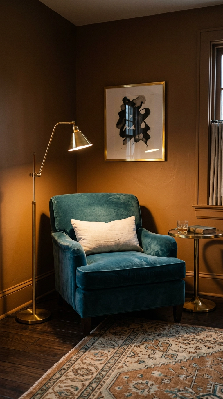 Three polished brass pieces catching lamplight beside a deep teal velvet armchair