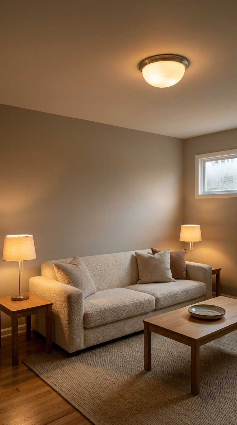 Living room with a dimmed frosted dome ceiling fixture and two warm table lamps carrying the light
